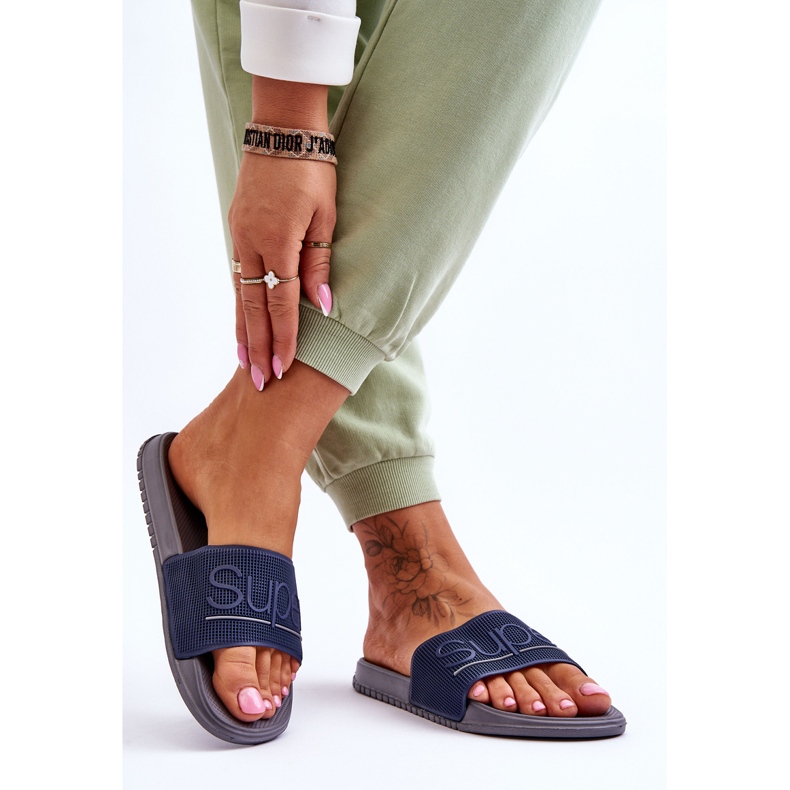 Pantuflas De Mujer Ligeras Con Inscripción Merry Azul Marino-Gris 2