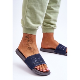 Pantuflas De Mujer Ligeras Con Inscripción Merry Azul Marino-Gris 3