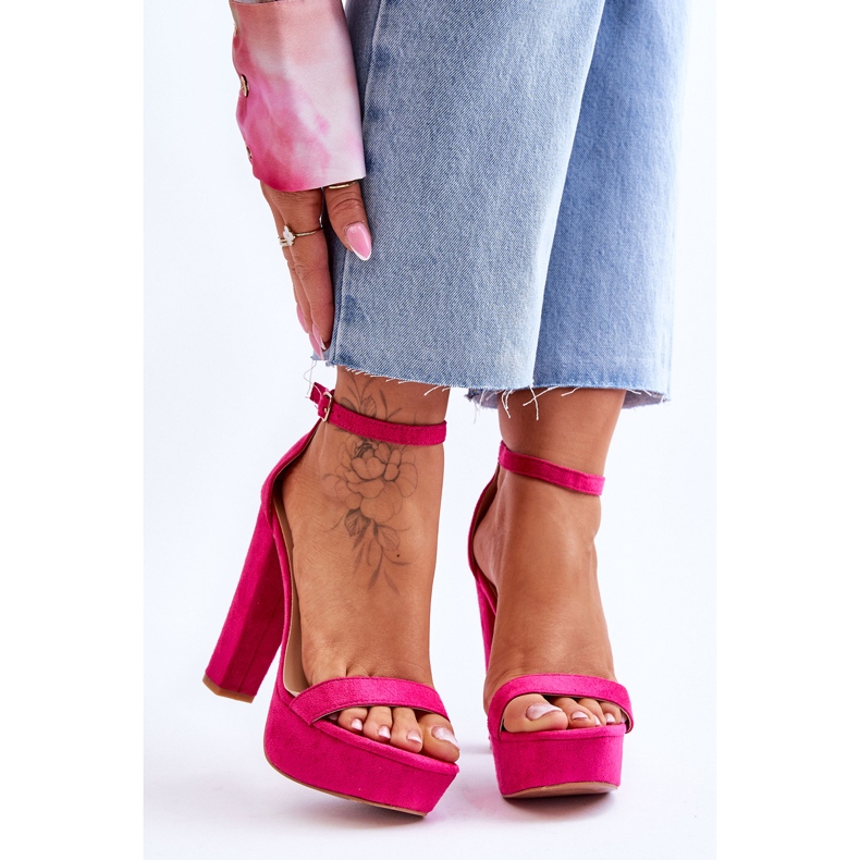 Cómodas Sandalias De Ante Sobre Tacón Alto Esencia Fucsia rosado 1