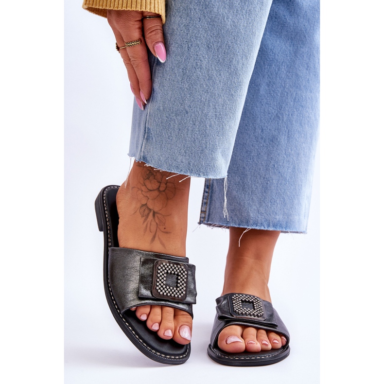 Pantuflas Mujer Piel Con Strass S.Barski KV-2775-33 Plata Oscuro 1