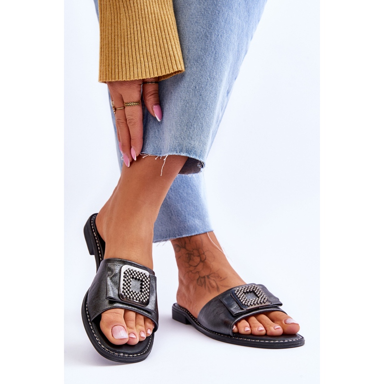 Pantuflas Mujer Piel Con Strass S.Barski KV-2775-33 Plata Oscuro 2