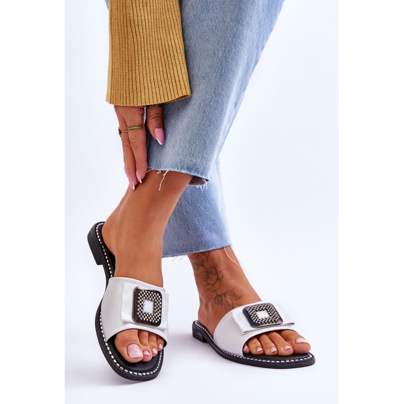 Pantuflas Mujer Piel Con Strass S.Barski KV-2775-33 Plata 2