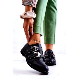 LU BOO Zapatos de cuero ecológico para mujeres con hebillas y tachuelas negras negro 1