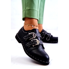 LU BOO Zapatos de cuero ecológico para mujeres con hebillas y tachuelas negras negro 2