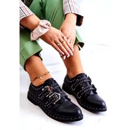 LU BOO Zapatos de cuero ecológico para mujeres con hebillas y tachuelas negras negro 3