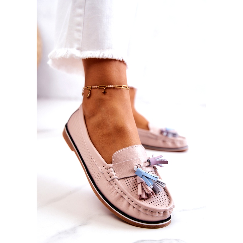 Evento Mocasines Mujer Piel Con Flecos Rosa Laressa rosado 4