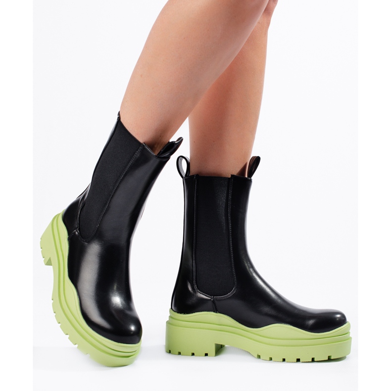 Botines Chelsea altos para mujer en plataforma gruesa Shelovet, negro y verde 1