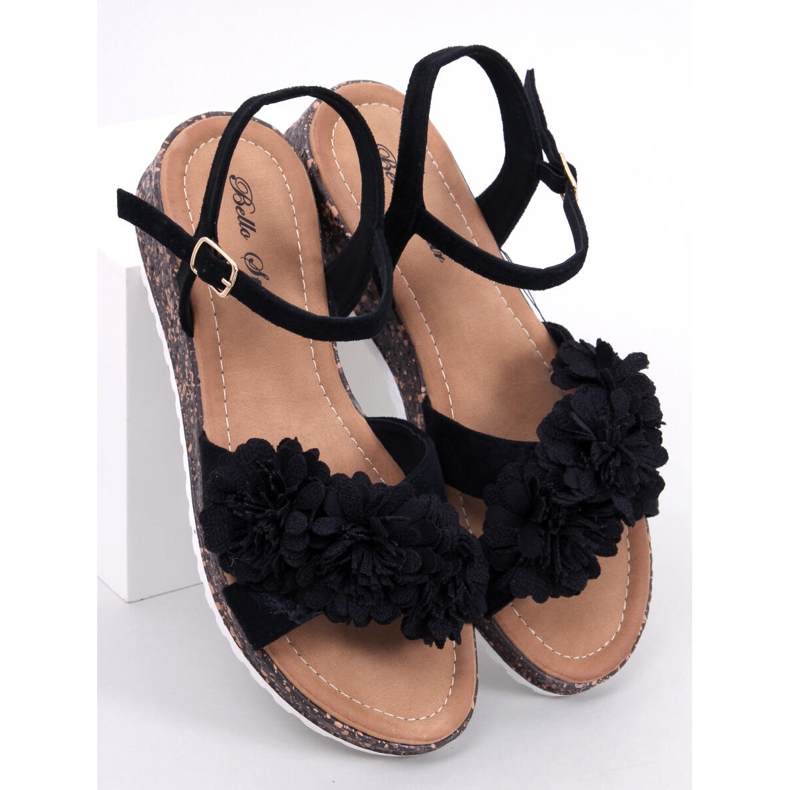 Sandalias cuña con flores de Hahn Black negro 1 Sandalias cuña con flores de Hahn Black negro 1