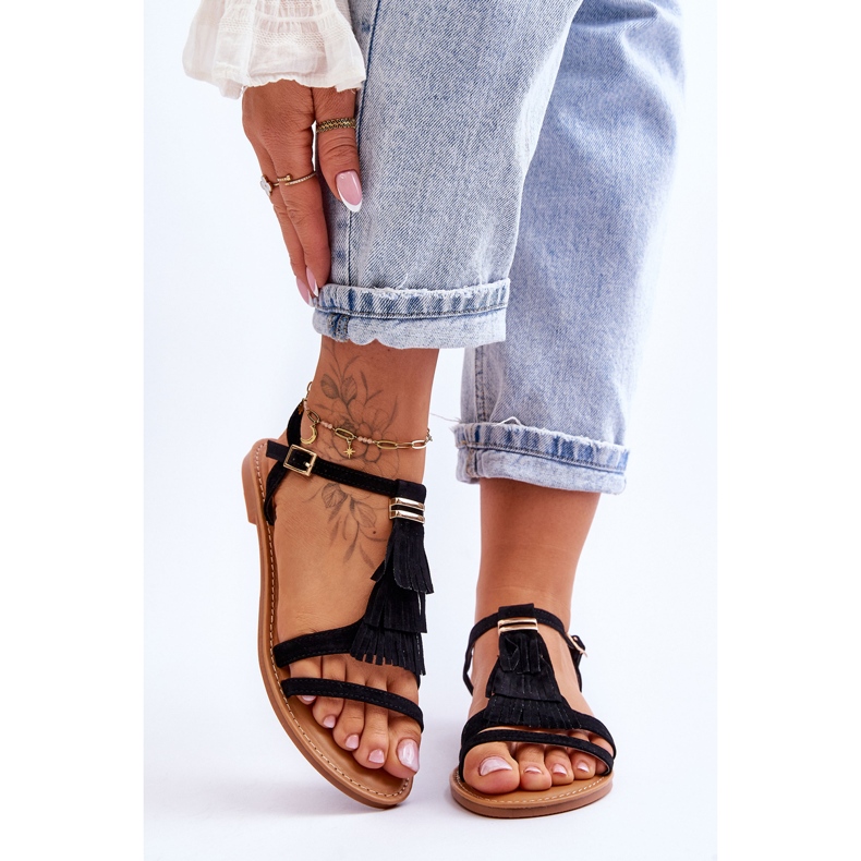 FRJ Sandalias Mujer Ante Plano Boho Negro Lucami 1