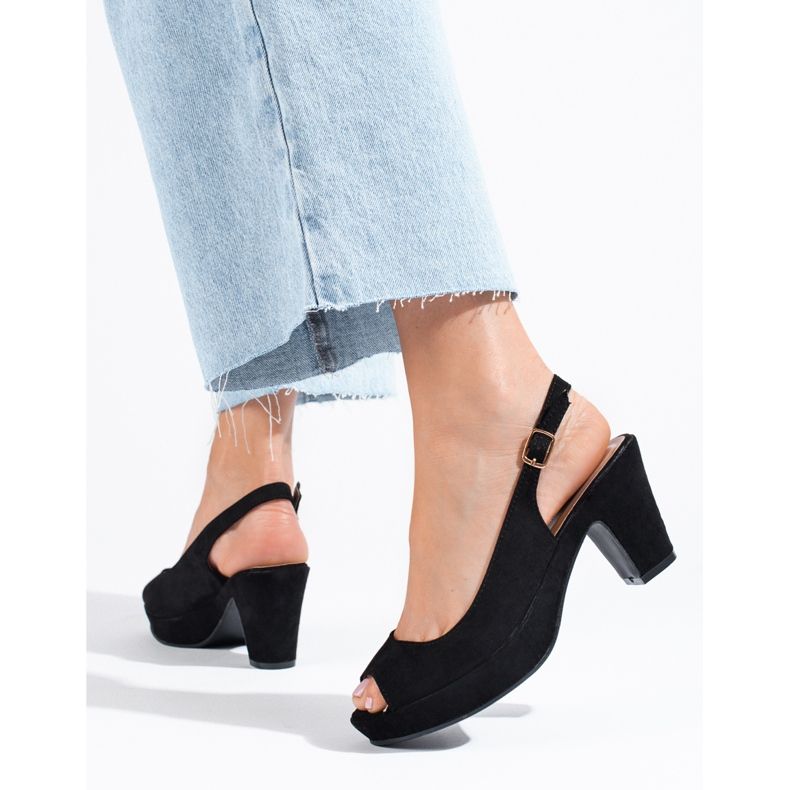 Sandalias Shelovet de ante negro con tacón cómodo 1