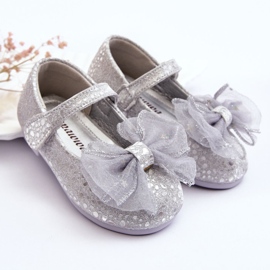 Bailarinas Infantiles Con Lazo Y Velcro Glitter Elisa Gris Plata 7