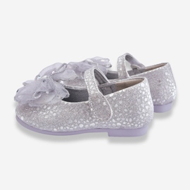 Bailarinas Infantiles Con Lazo Y Velcro Glitter Elisa Gris Plata 3