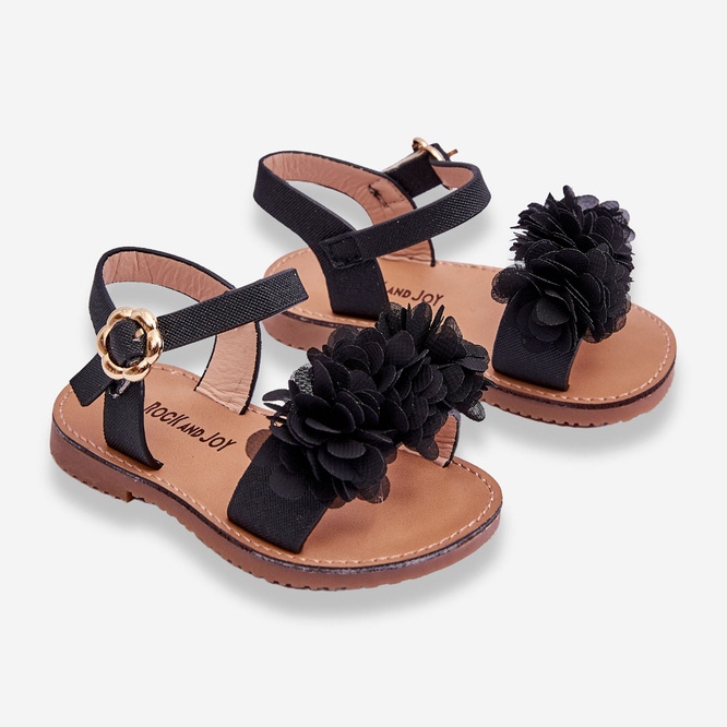 Sandalias de moda para niños con flores de poliéster negro. 2 Sandalias de moda para niños con flores de poliéster negro. 2