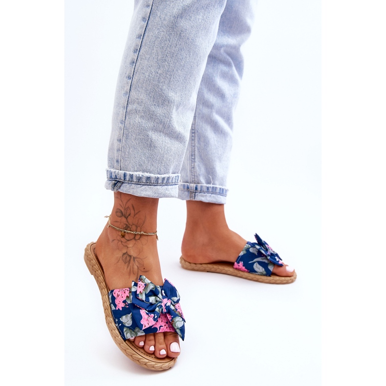 FK1 Pantuflas Mujer Lazo Tejido Flor Azul Marino 1