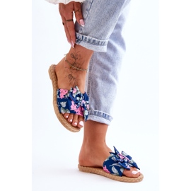 FK1 Pantuflas Mujer Lazo Tejido Flor Azul Marino 4