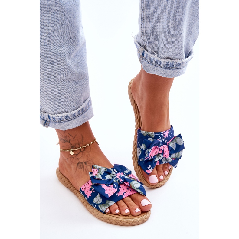 FK1 Pantuflas Mujer Lazo Tejido Flor Azul Marino 2
