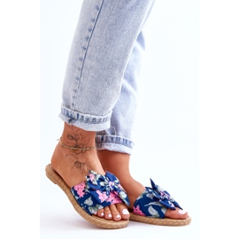 FK1 Pantuflas Mujer Lazo Tejido Flor Azul Marino 5