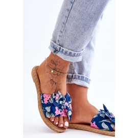 FK1 Pantuflas Mujer Lazo Tejido Flor Azul Marino 3