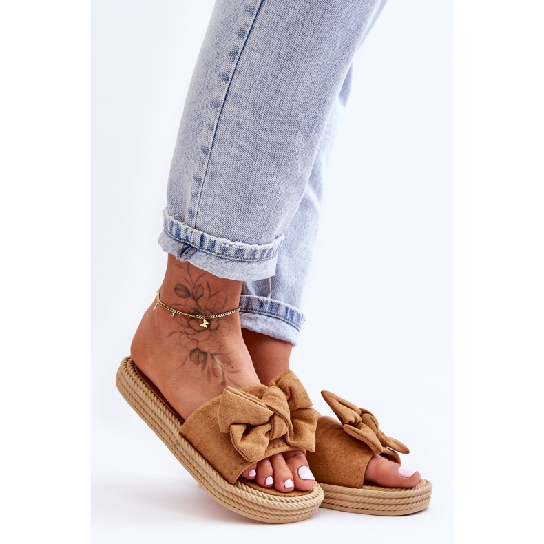 FK1 Pantuflas De Mujer Camel Fency De Ante Con Lazo marrón 2