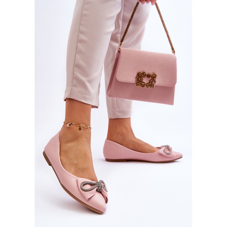 WS1 Bailarinas Elegantes Con Lazo Y Pedrería Rosa De Una Vez 2